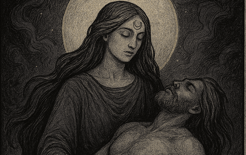 imagen del dios y la diosa en Salham, recogiendole entre sus brazos