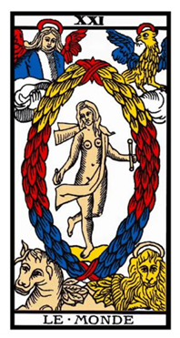 Carta del tarot número XXI, la carta de EL MUNDO