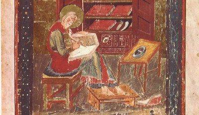Imagen de un códice medieval donde se aprecia a un monje escribiendo un manuscrito. Los celtas en Hispania, una mirada a los celtiberos